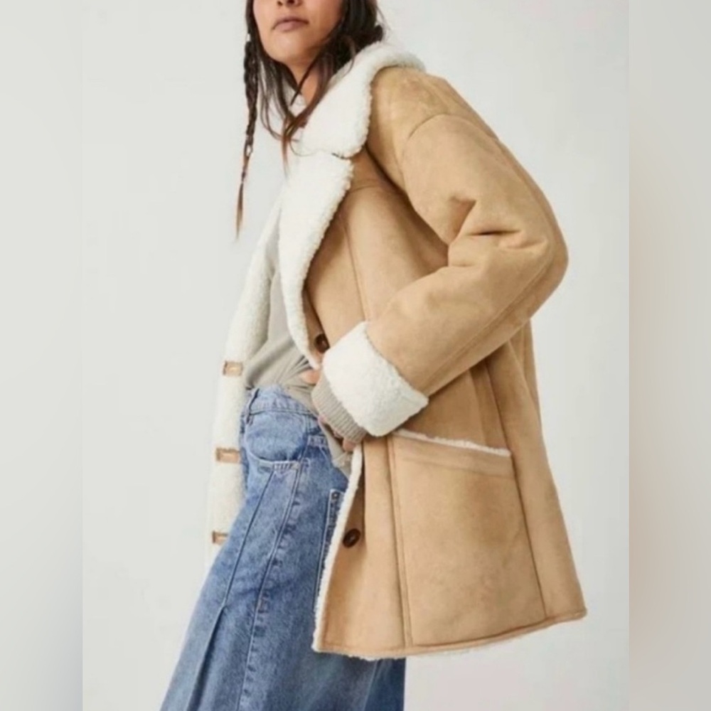 Free People Diogo Faux Shearling Suede Coat Beige Size S